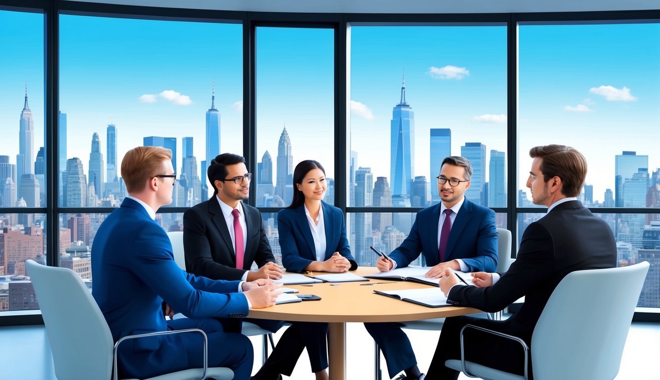 A group of lawyers discussing financial law in a modern New York City office with skyline views