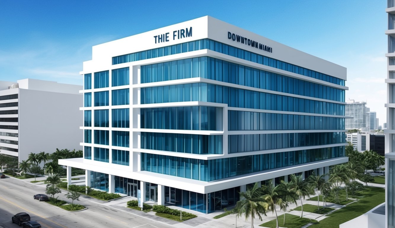 A sleek, modern office building in downtown Miami with the firm's name displayed prominently on the exterior