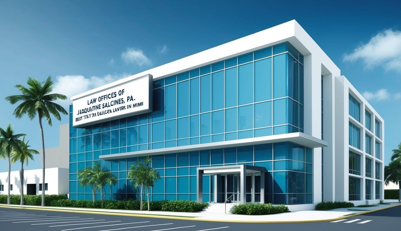 A modern office building with sleek glass windows and a prominent sign reading "Law Offices of Jacqueline Salcines, P.A. Best Tax and Financial Lawyers in Miami" displayed prominently