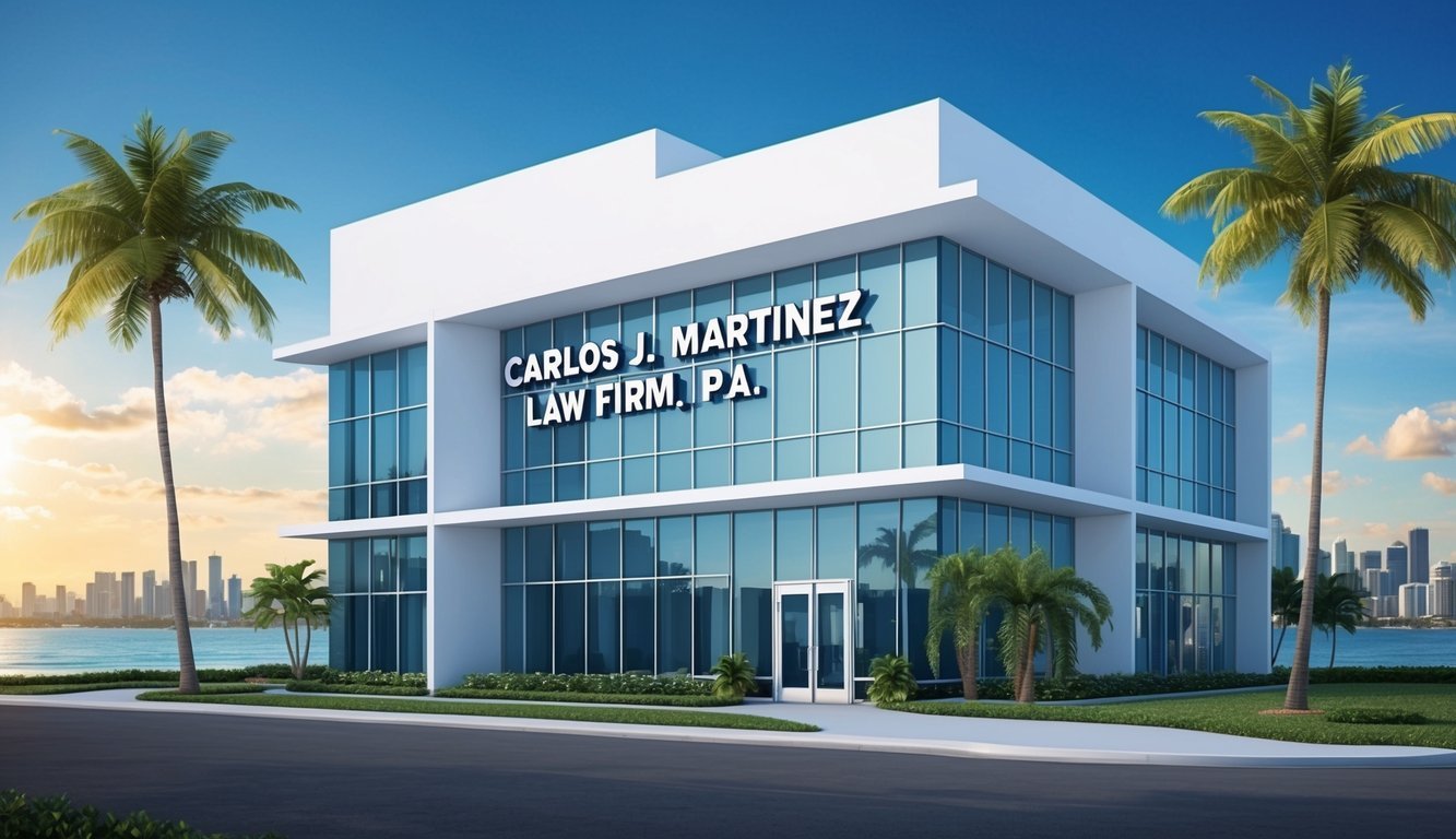 The exterior of a modern office building with the name "Carlos J. Martinez Law Firm, P.A." prominently displayed.</p><p>Palm trees and a sunny Miami skyline in the background