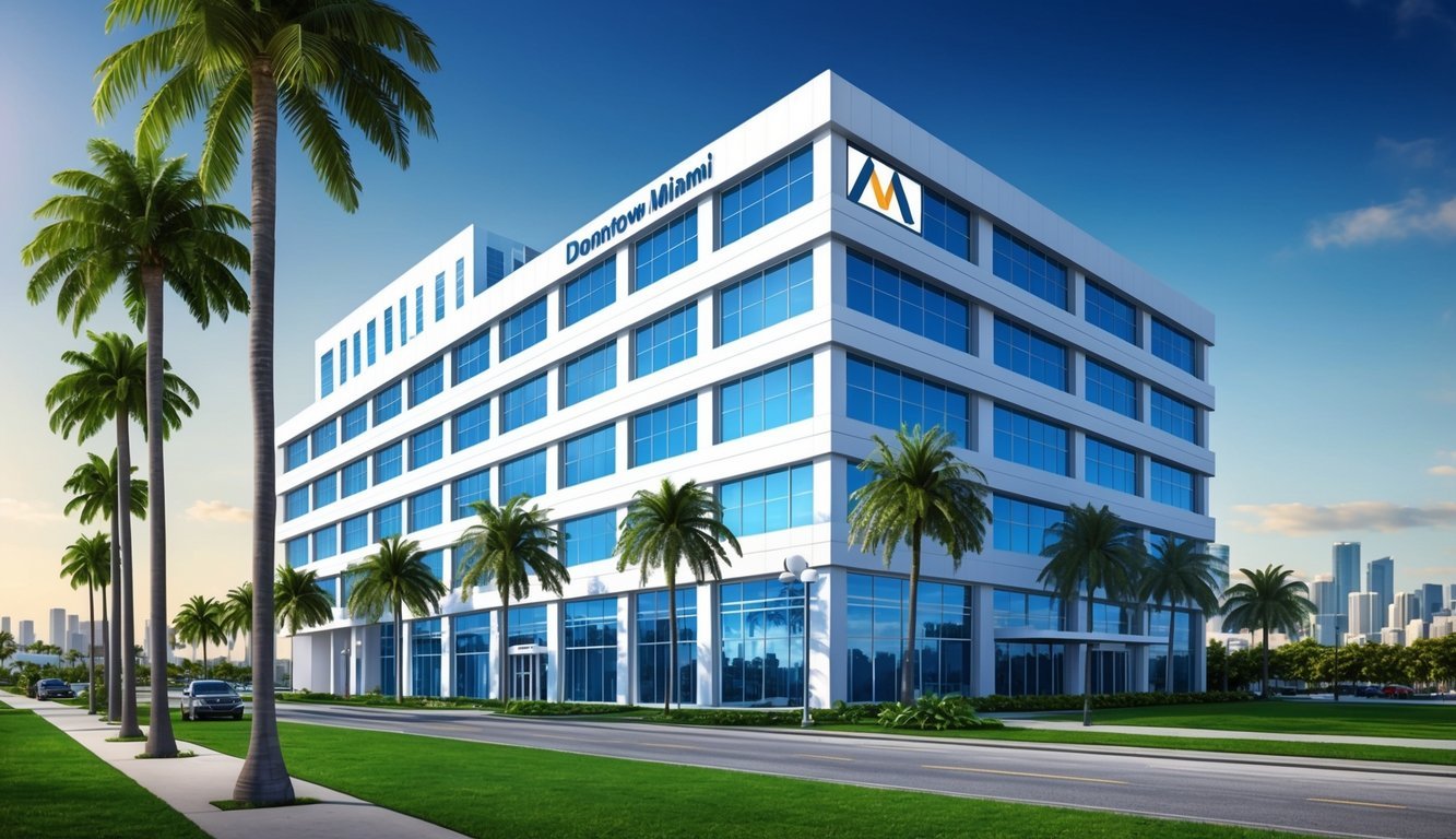 A sleek office building in downtown Miami, with the firm's logo displayed prominently on the exterior.</p><p>Tall palm trees line the sidewalk, and the city skyline is visible in the background