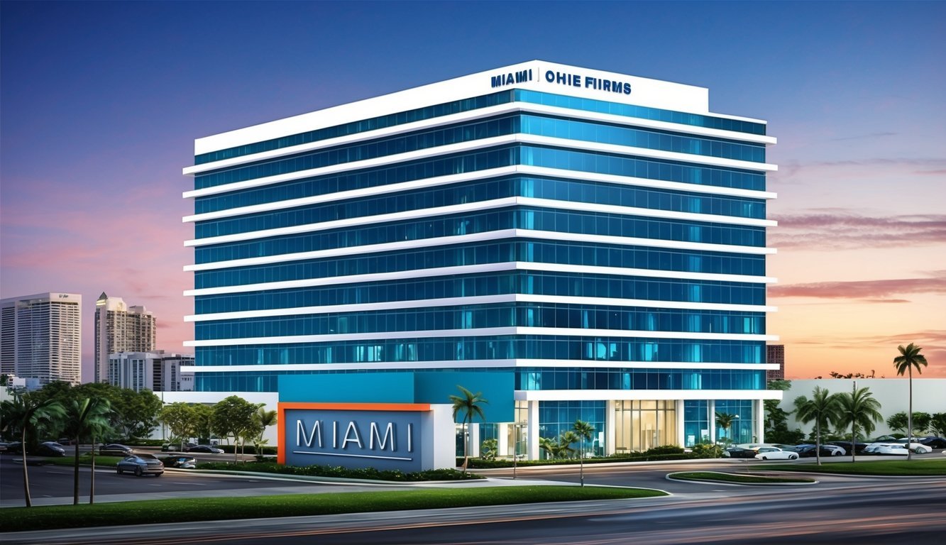 A sleek and modern office building in downtown Miami, with the firm's name prominently displayed on a sign out front