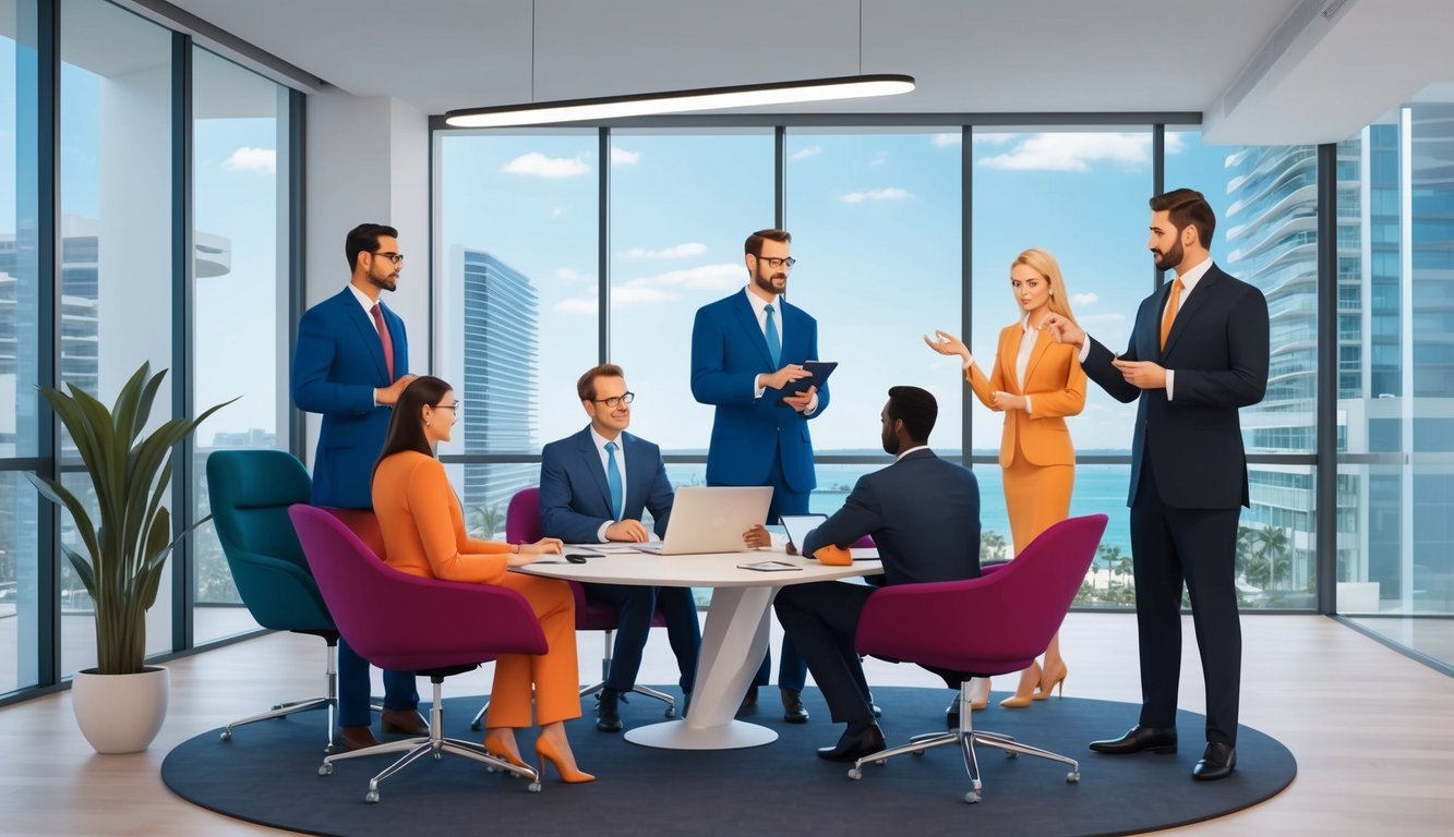 A group of professionals discussing tax and financial law in a modern Miami office