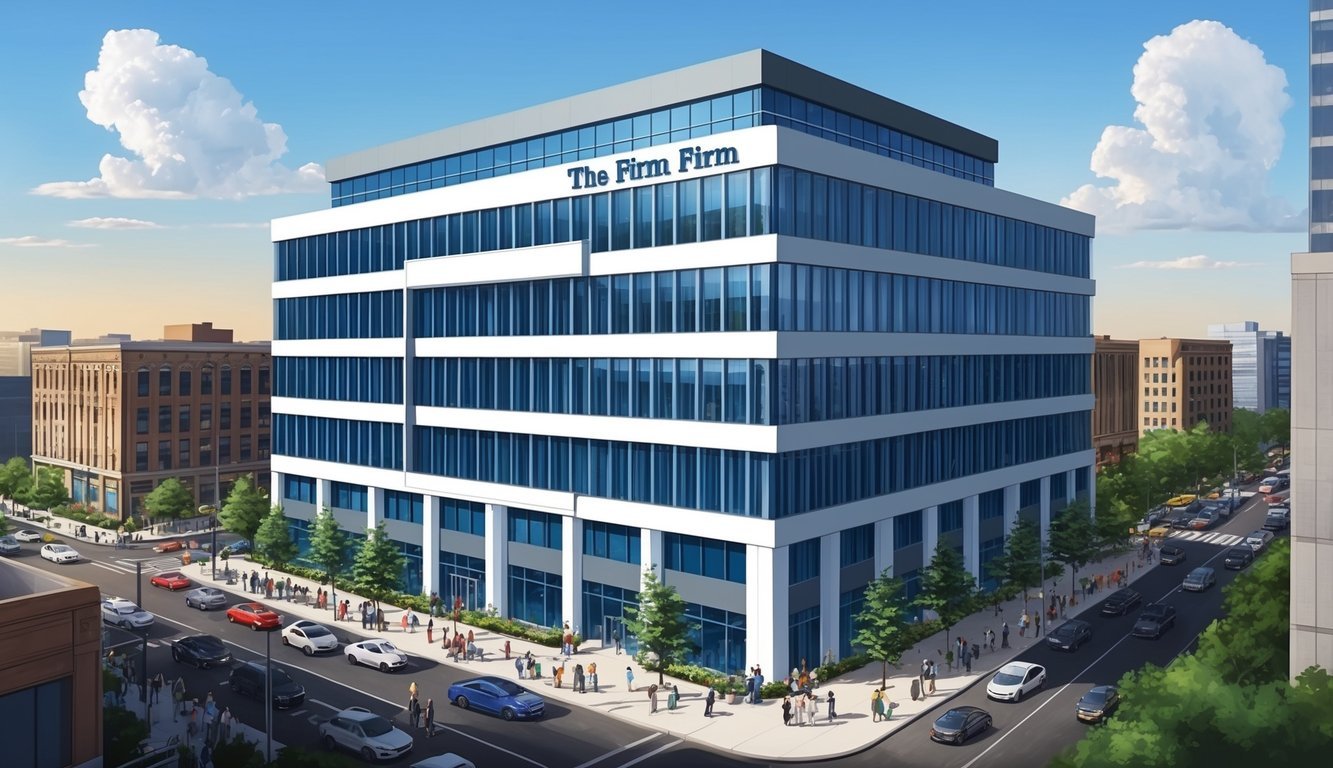 A modern office building with the firm's name prominently displayed on a sign.</p><p>Surrounding area is busy with people and traffic