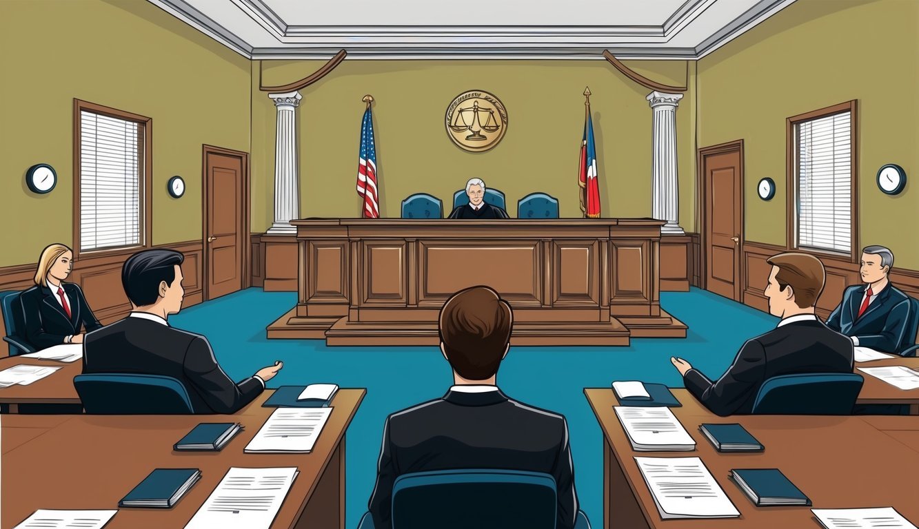 A courtroom with a judge's bench, witness stand, and seating for attorneys and clients.</p><p>The room is filled with legal documents and a sense of professionalism