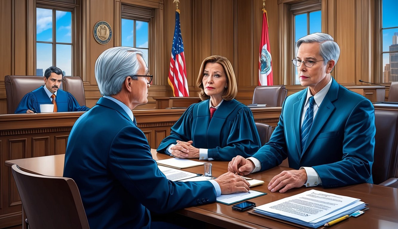A courtroom with a judge, lawyer, and client discussing Social Security benefits