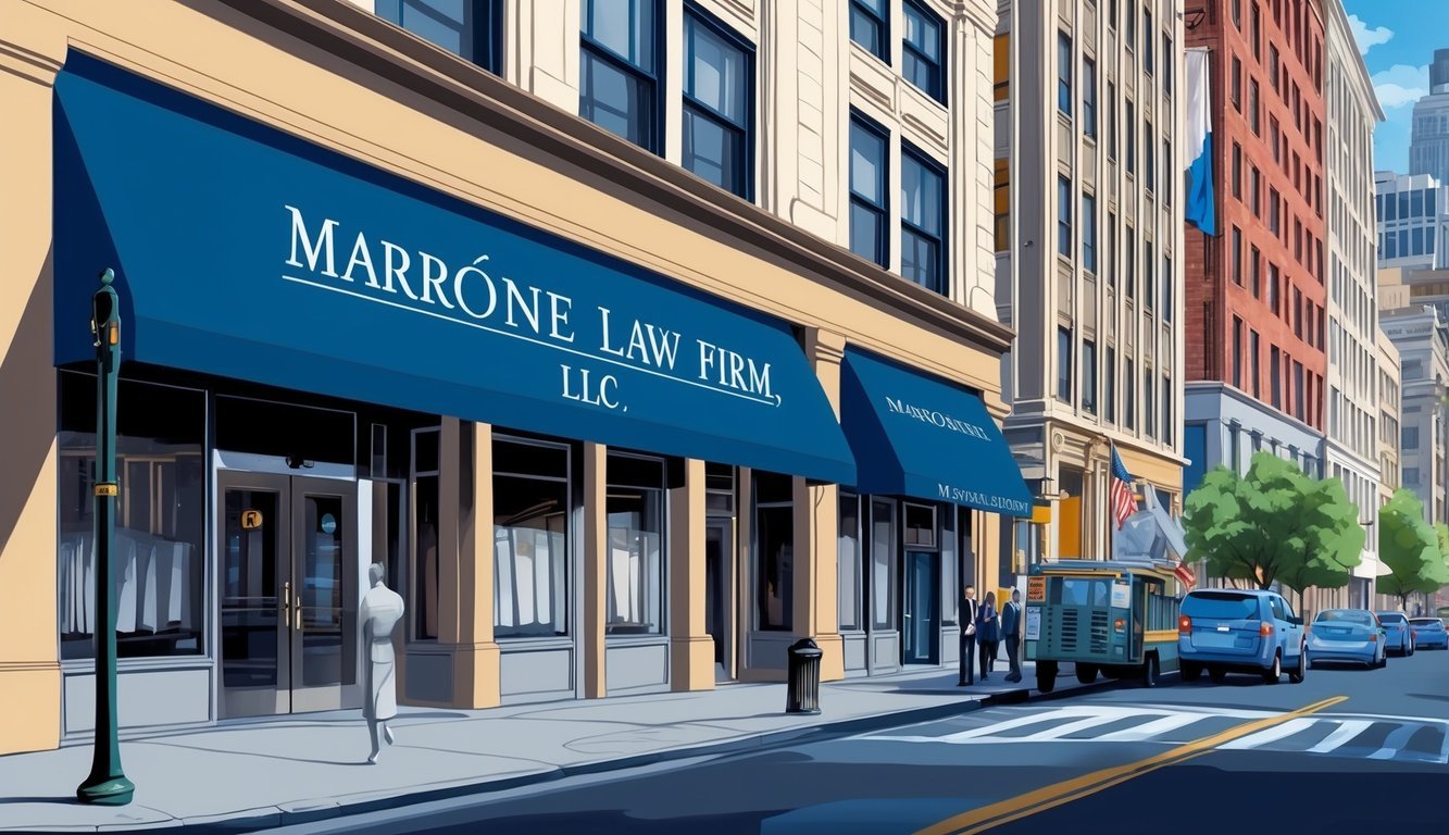 A bustling city street with a prominent building facade featuring the Marrone Law Firm, LLC signage