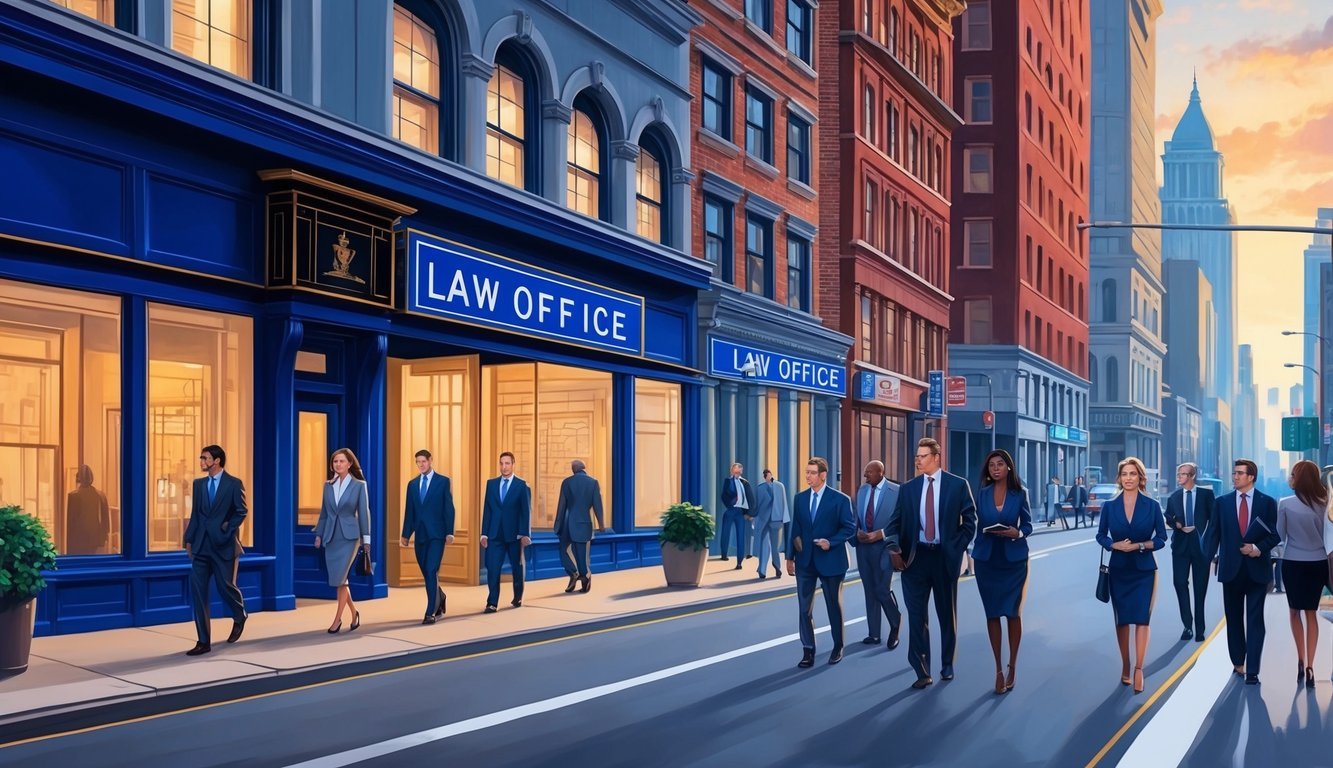 A bustling city street with a prominent law office sign and people walking by