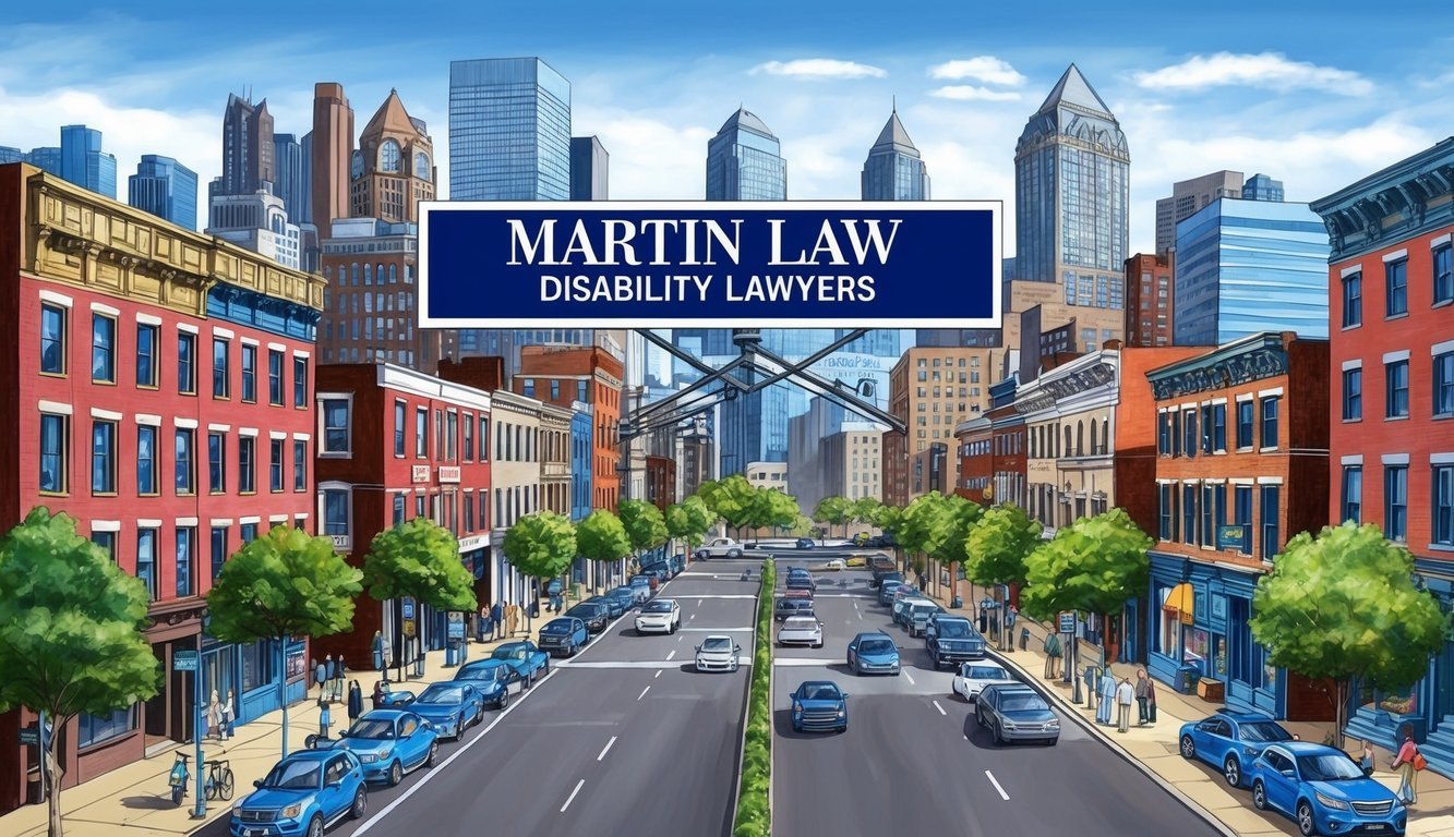 A busy Philadelphia cityscape with a prominent building sign reading "Martin Law Disability Lawyers" stands out among the surrounding architecture