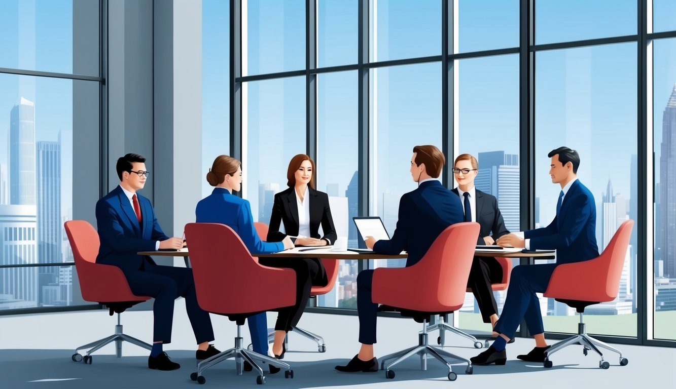 A group of lawyers working in a modern office setting, with large windows and city skyline in the background