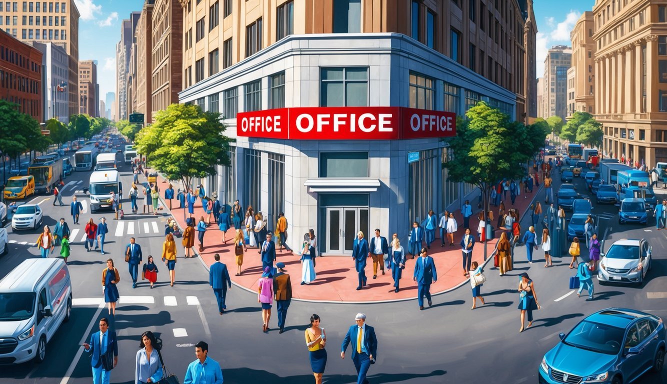 A bustling city street with a prominent office building sign, surrounded by diverse pedestrians and vehicles