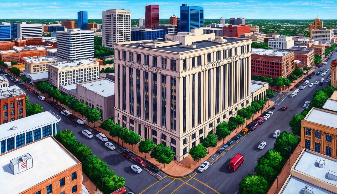 A bustling Houston cityscape with a prominent law office building, surrounded by other businesses and busy streets