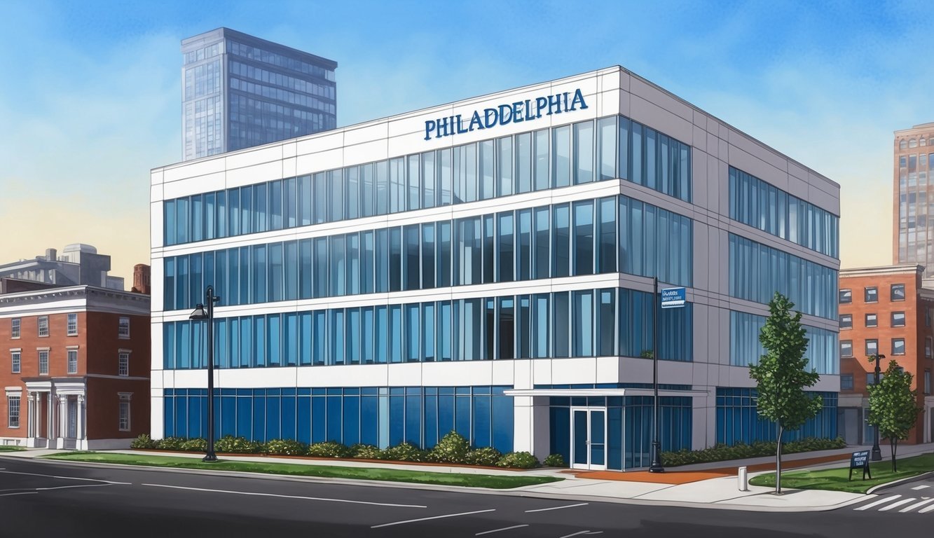 A modern office building in downtown Philadelphia, with the firm's name displayed prominently on a sign outside