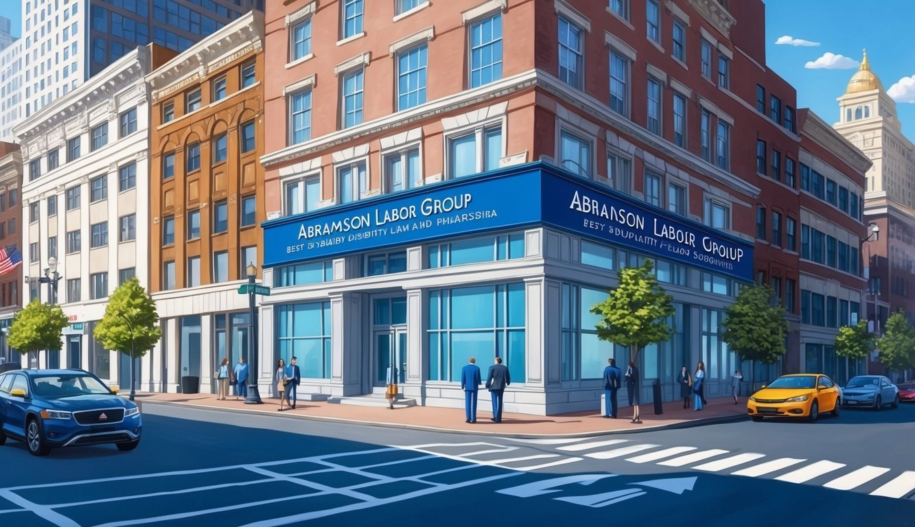 A bustling city street with a prominent office building featuring the sign "Abramson Labor Group - Best Disability and Social Security Lawyers in Philadelphia."