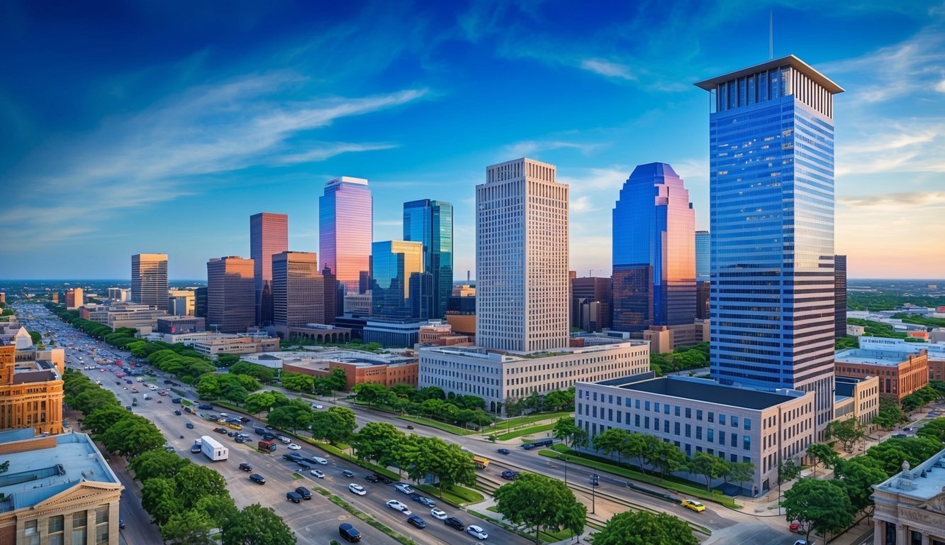 The Houston skyline with a prominent law office building, surrounded by bustling city streets and traffic