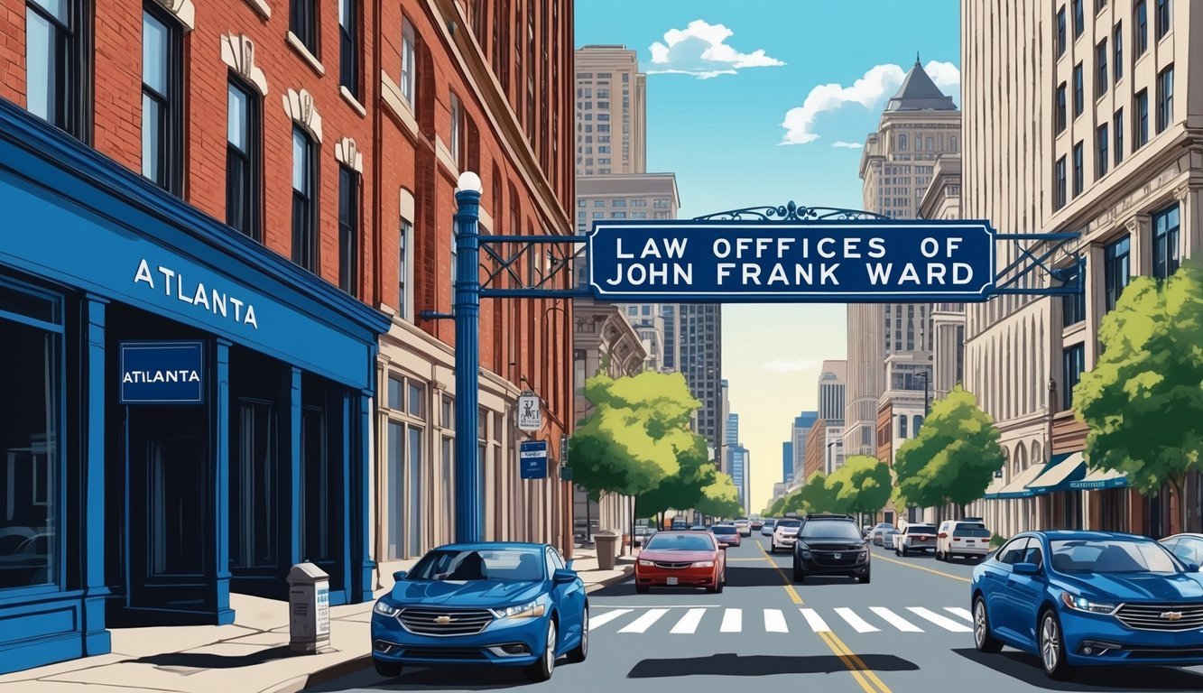 A bustling city street with a prominent sign for "Law Offices of John Frank Ward" in Atlanta
