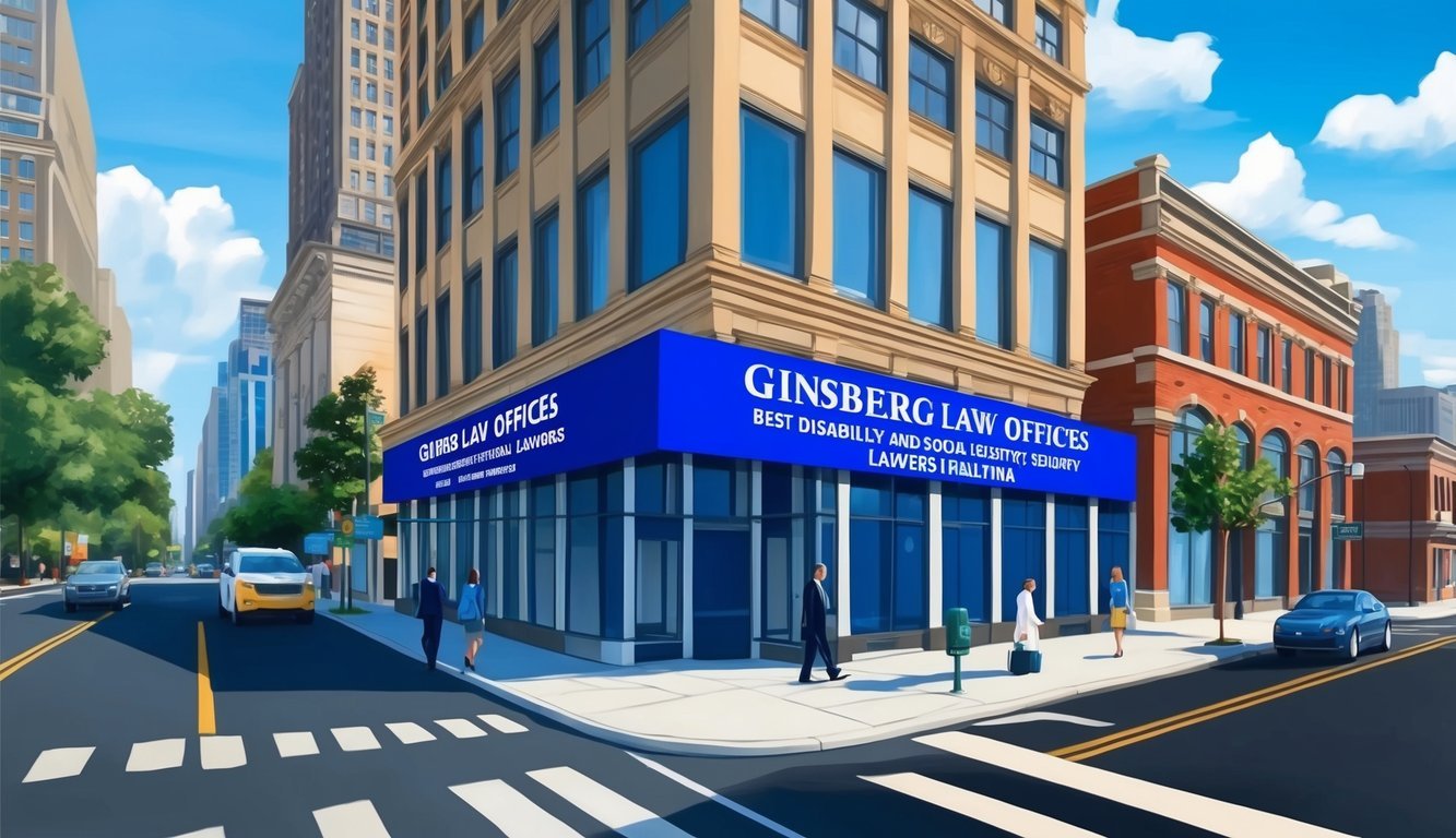 Busy city street with a prominent office building featuring a sign for "Ginsberg Law Offices - Best Disability and Social Security Lawyers in Atlanta."
