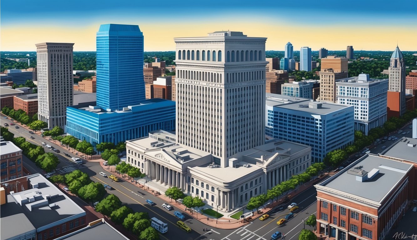 A bustling Atlanta cityscape with a prominent law office building, surrounded by busy streets and professional buildings