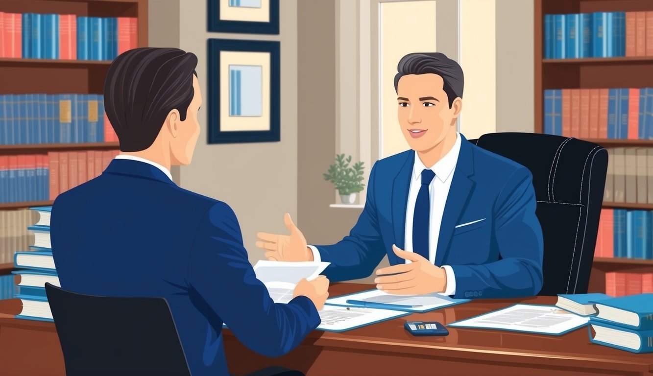 A lawyer sitting at a desk, surrounded by legal books and documents, speaking with a client