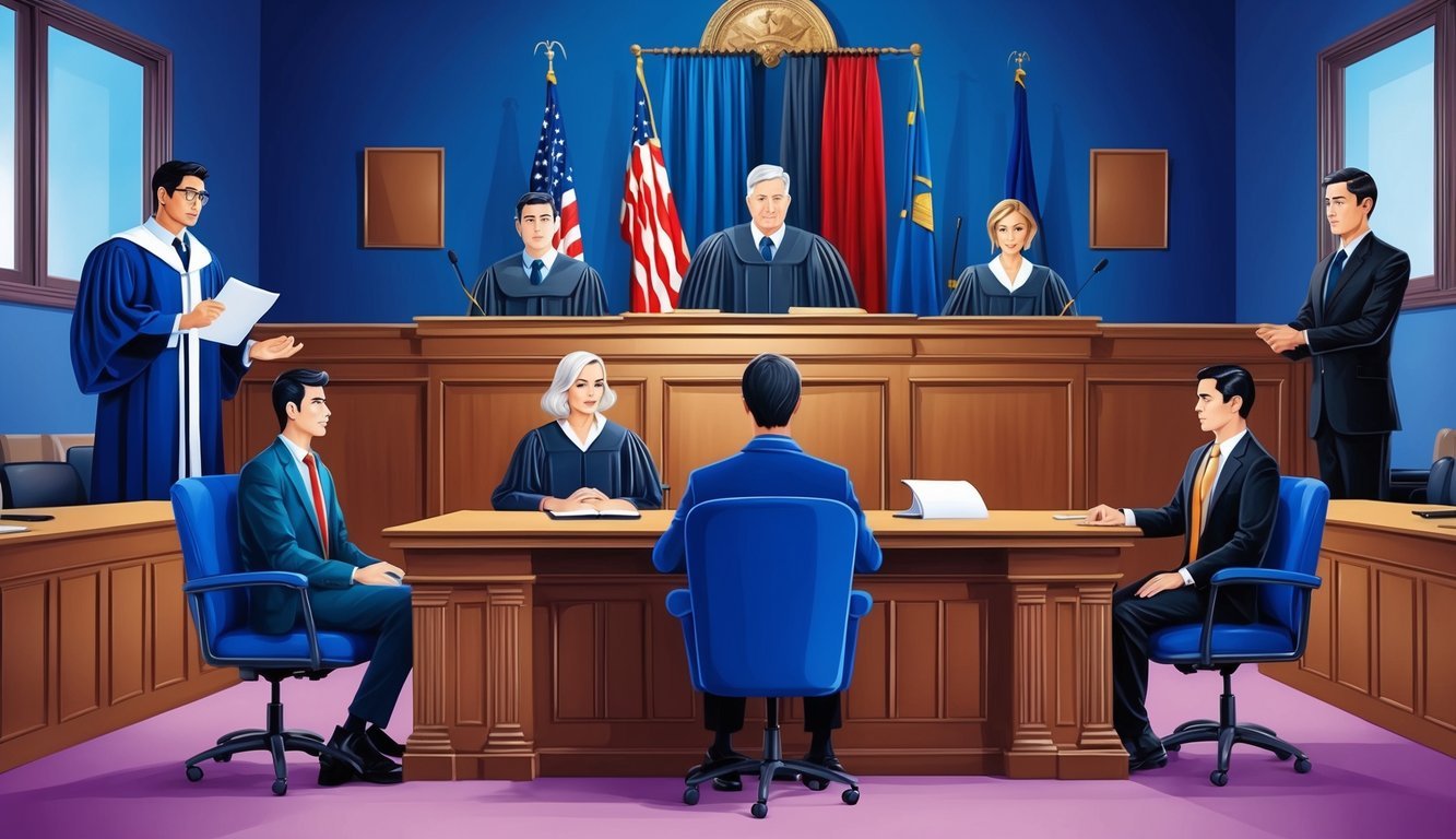 A courtroom with a judge and jury, a lawyer presenting evidence, and a client sitting at the plaintiff's table