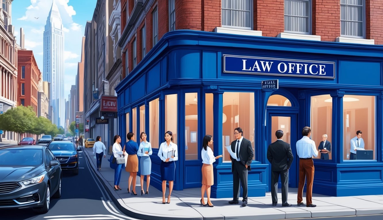 A bustling city street with a prominent law office sign and people seeking legal advice