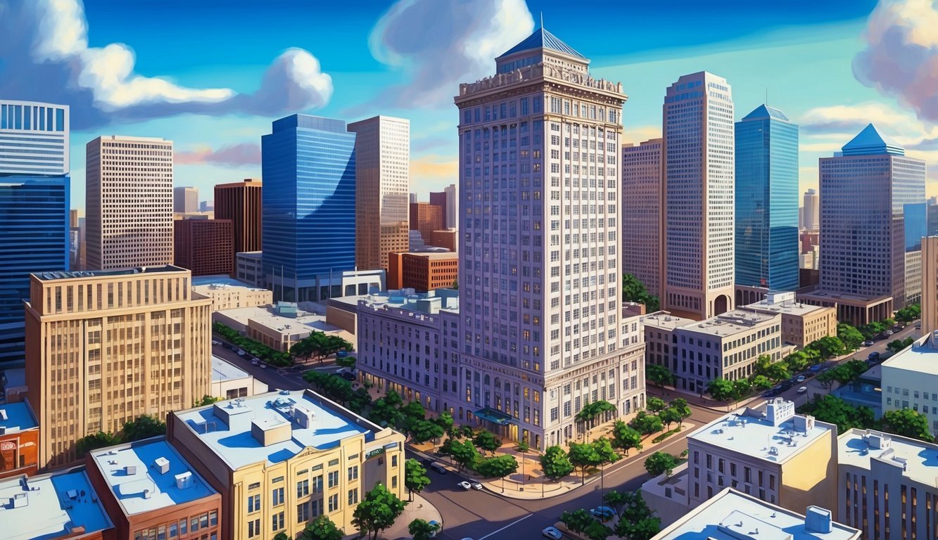 A bustling cityscape with a prominent law office building in Houston, Texas