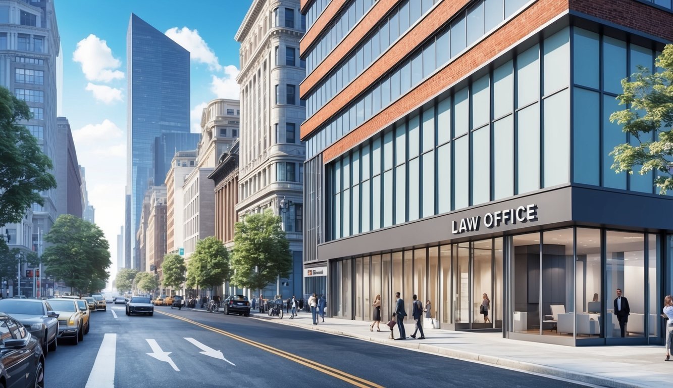 A bustling city street with a prominent law office sign and a sleek, modern building