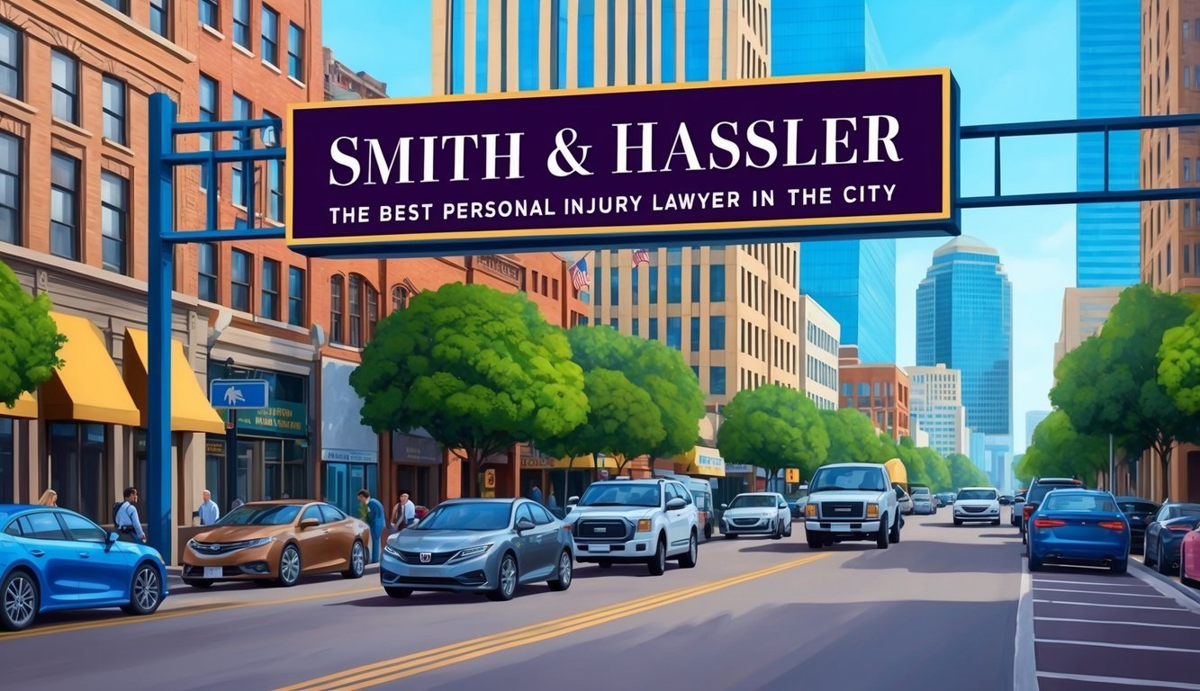 A busy Houston street with a large, prominent sign for Smith & Hassler, representing the best personal injury lawyer in the city