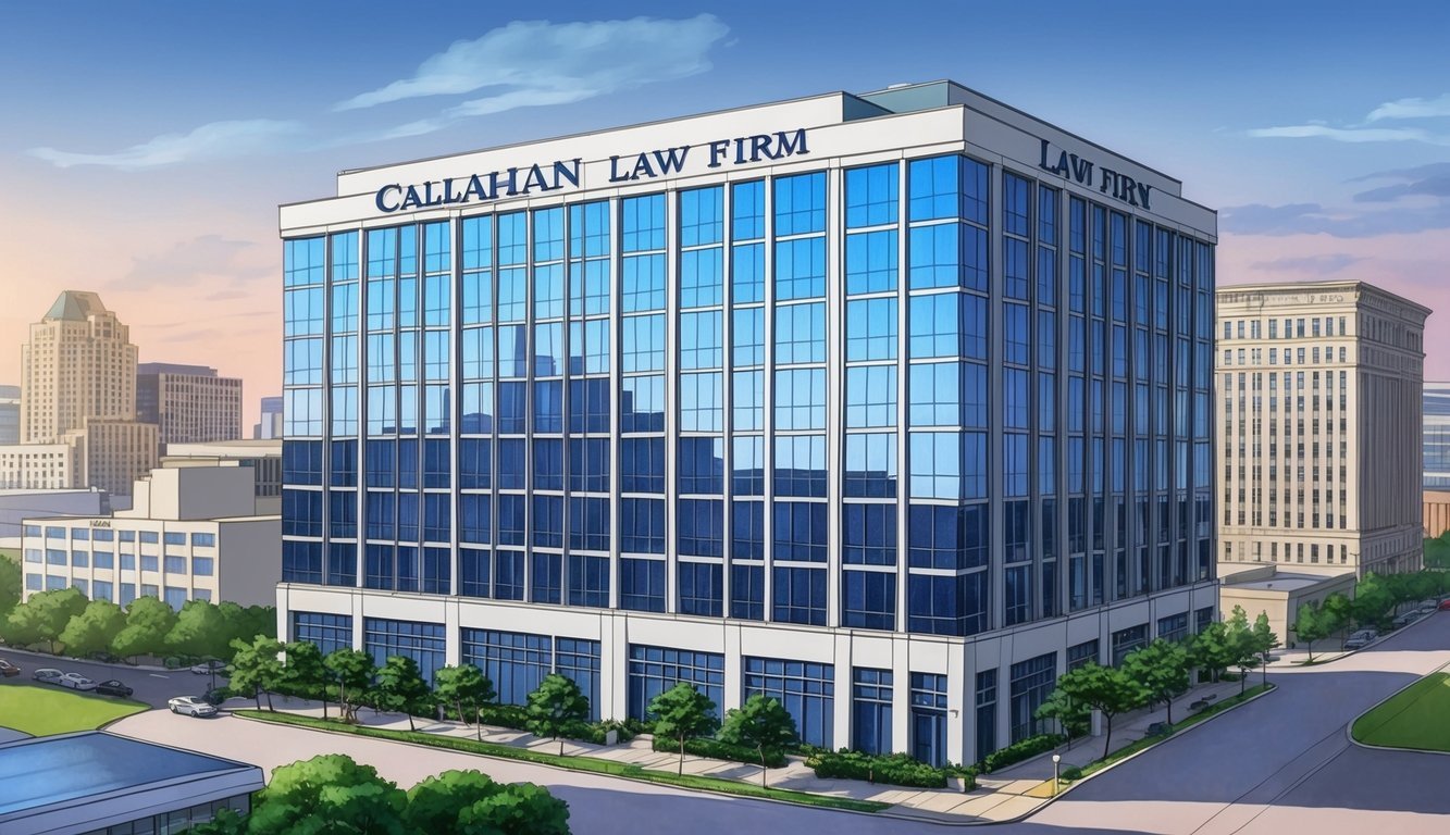 A sleek office building in downtown Houston with a prominent sign for The Callahan Law Firm