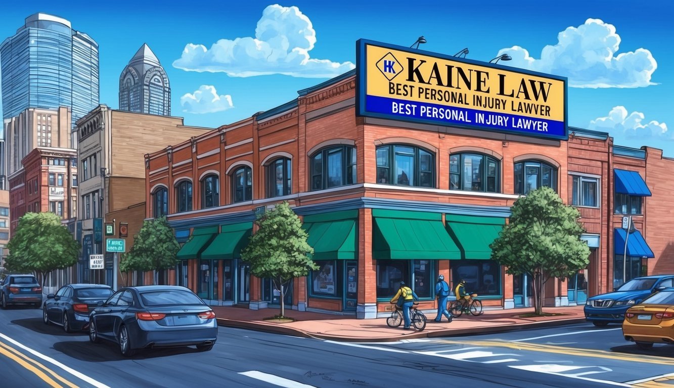 A busy Atlanta street with a prominent building sign reading "Kaine Law Best personal injury lawyer" stands out among the surrounding businesses