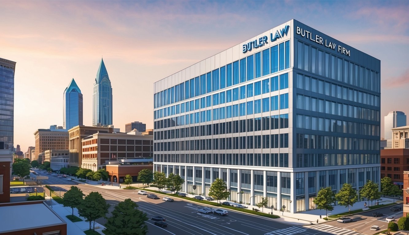 A sleek office building in downtown Atlanta with a prominent sign for "Butler Law Firm" and a bustling city street in the background