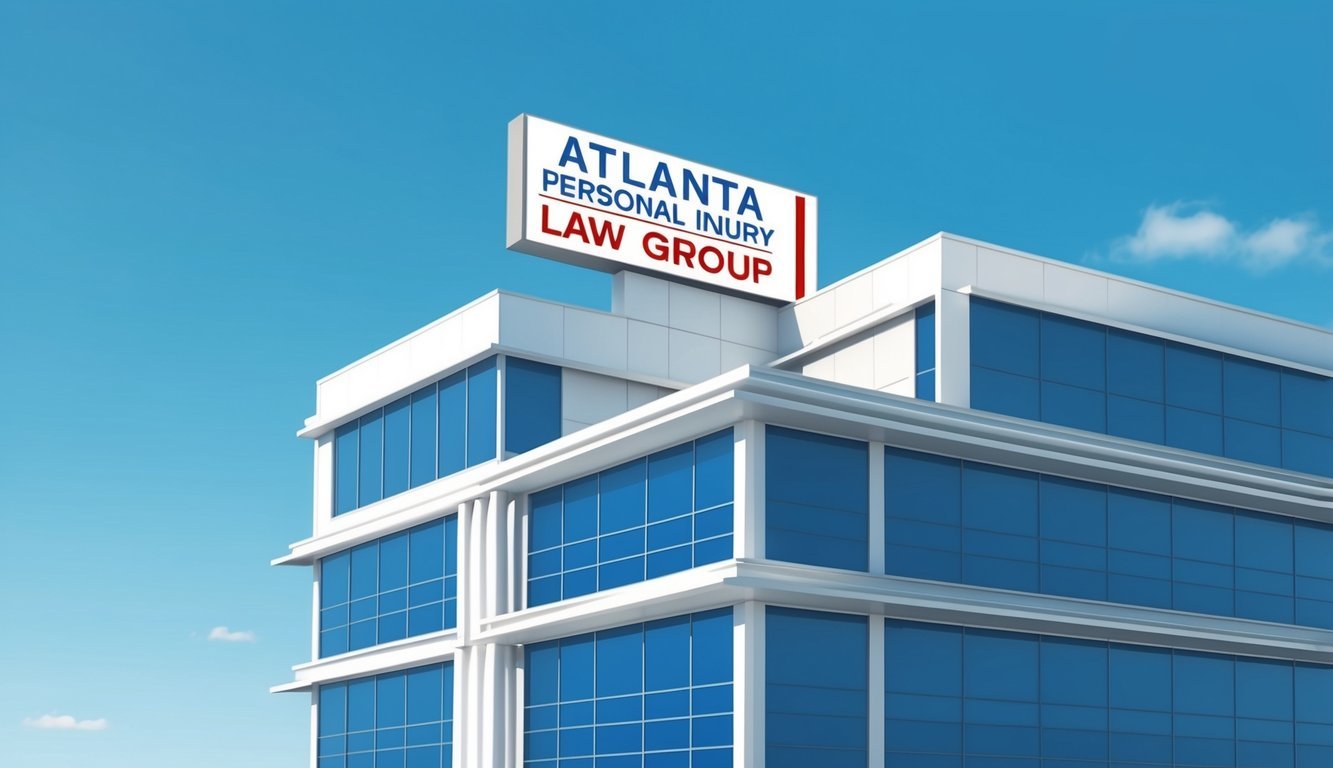 A modern office building with a prominent sign reading "Atlanta Personal Injury Law Group" stands tall against a clear blue sky