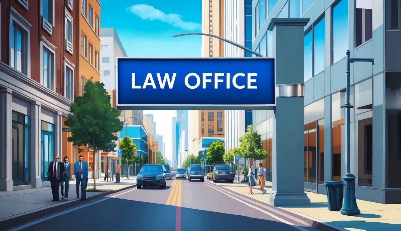 A bustling city street with a prominent law office sign and a sleek, modern building in the background