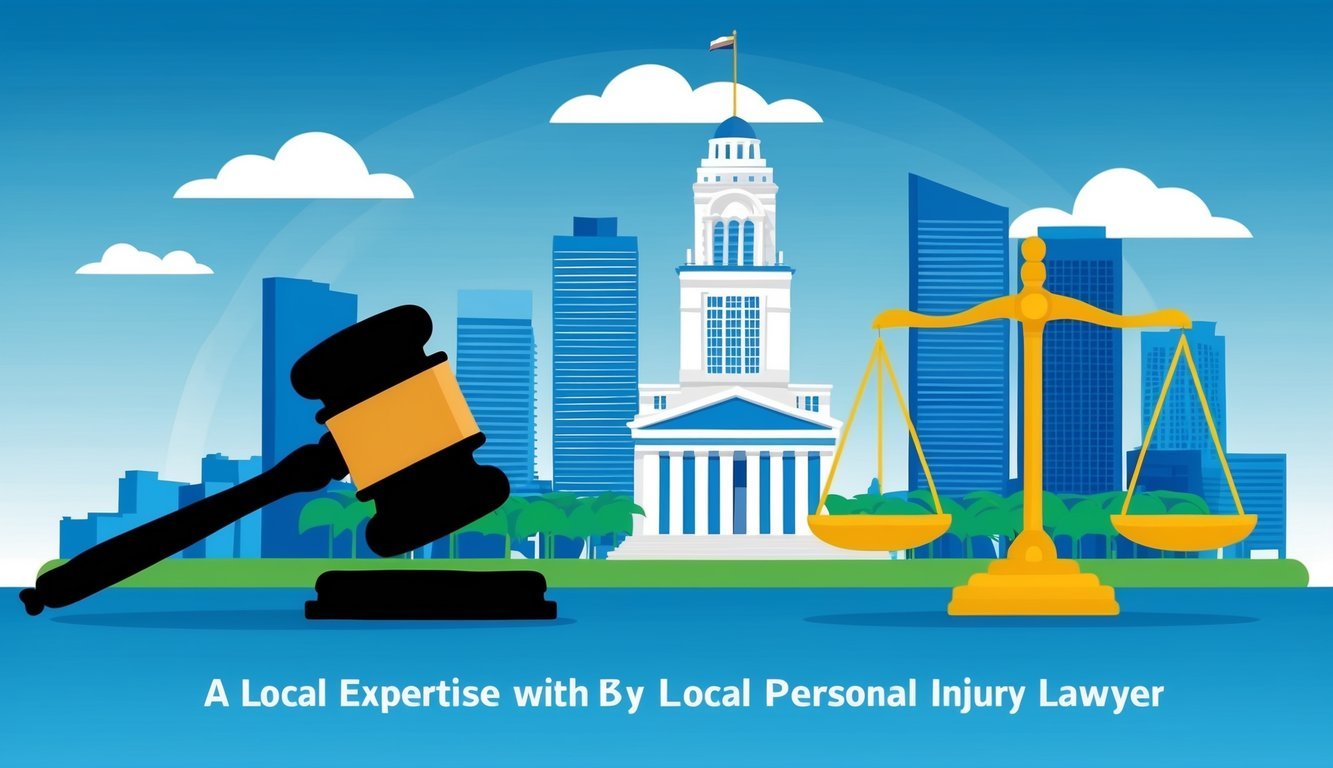 A Miami skyline with a prominent courthouse, a gavel, and a scale, symbolizing the expertise and justice provided by a local personal injury lawyer