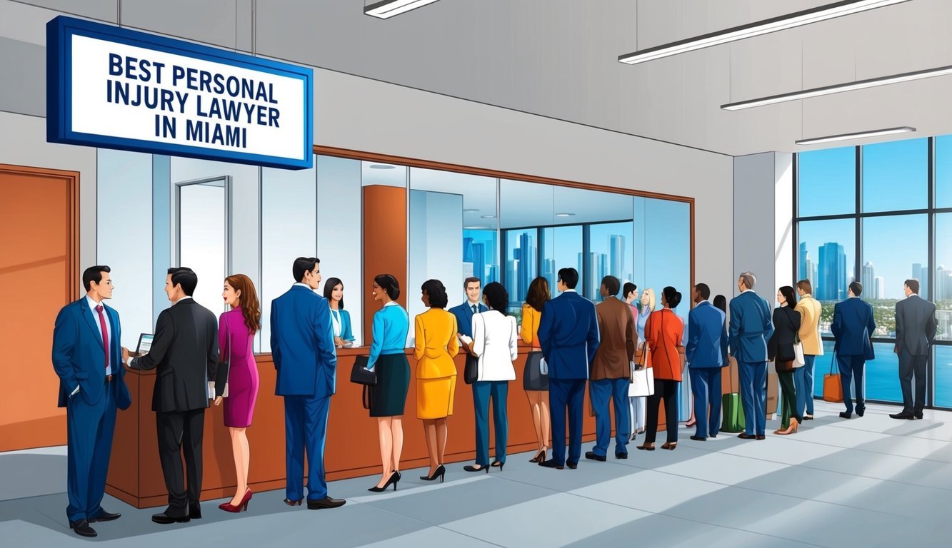 A busy law office with a sign reading "Best Personal Injury Lawyer in Miami" and people waiting in line