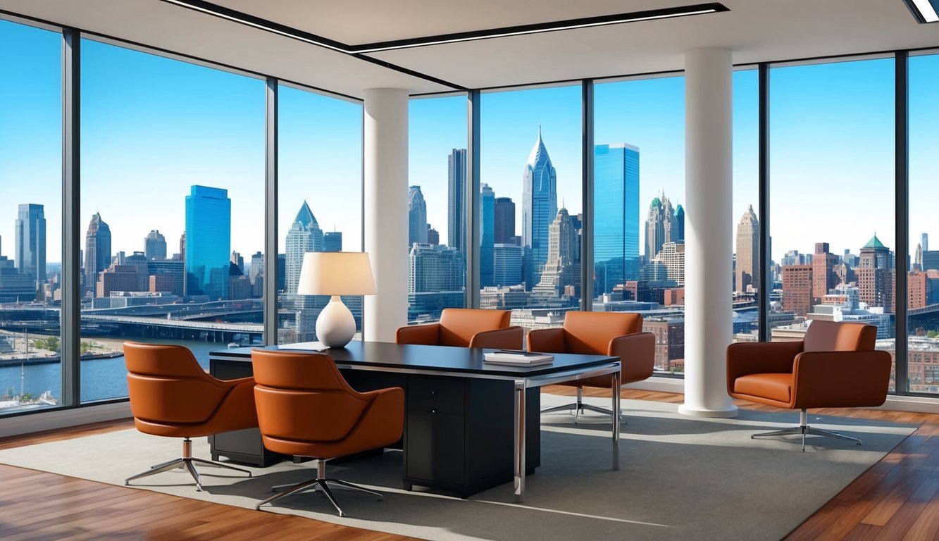 A modern law office in Philadelphia, with sleek furniture and large windows overlooking the city skyline