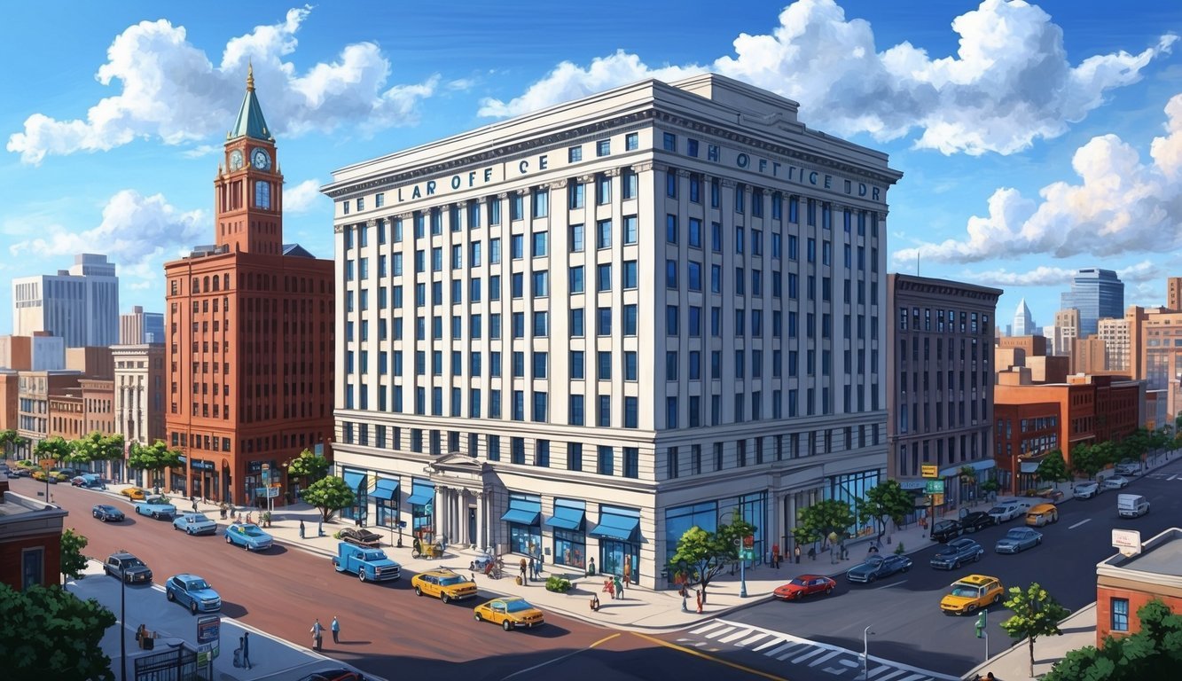 A downtown cityscape with a prominent law office building and a bustling street scene below