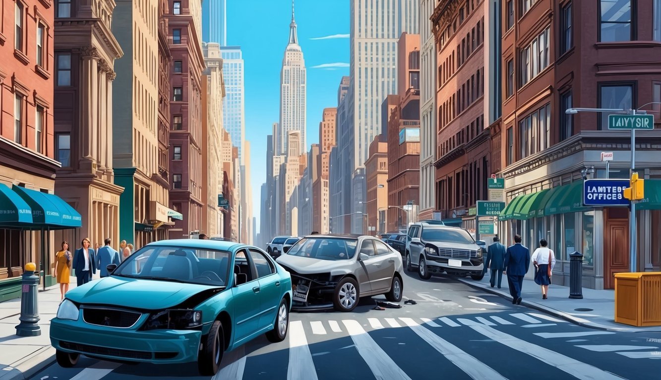 A bustling New York City street with a wrecked car and a lawyer's office sign in the background