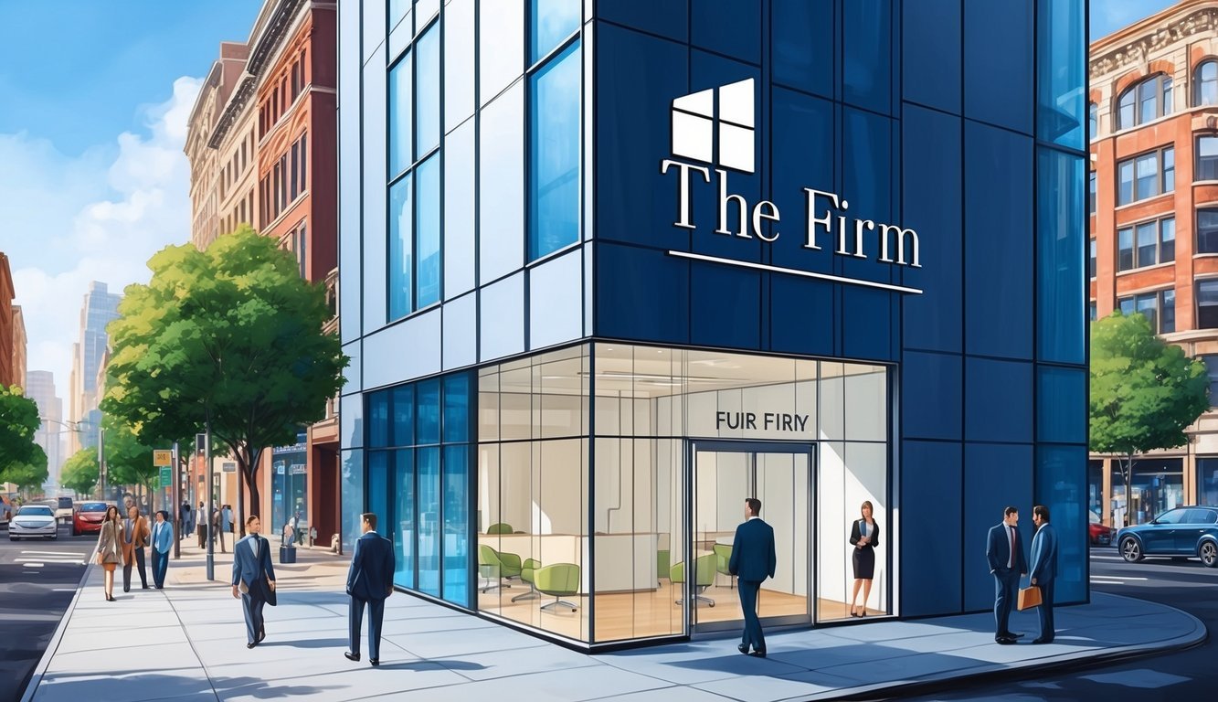 A sleek, modern office building with the firm's name prominently displayed on a glass entrance door.</p><p>Surrounding streets bustling with city life