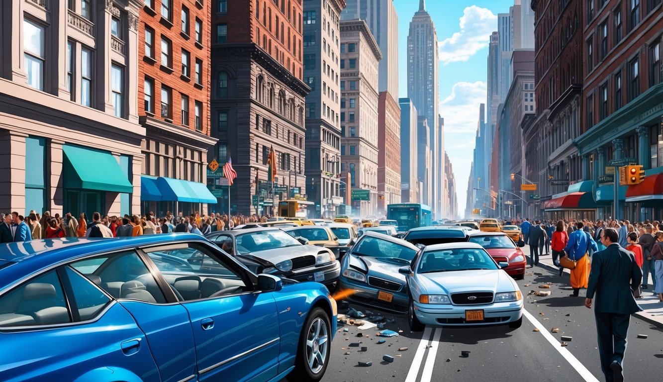 A busy New York City street with cars colliding, surrounded by tall buildings and bustling crowds