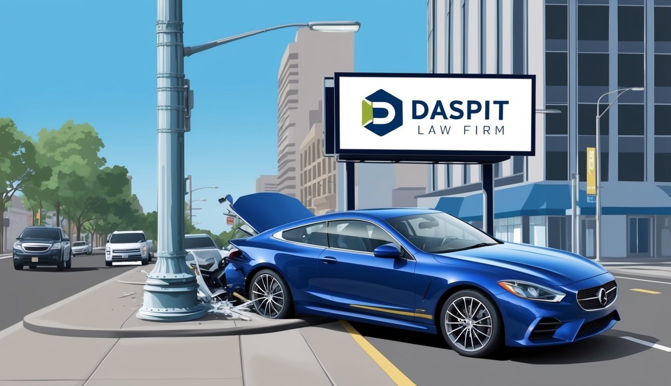 A sleek car crashed into a light pole on a busy Houston street, with the Daspit Law Firm's logo prominently displayed on a nearby billboard