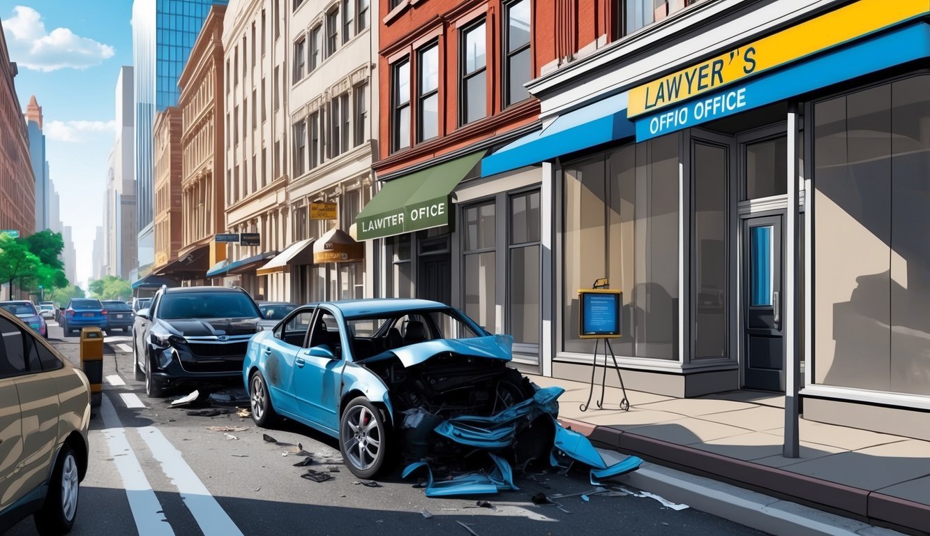 A bustling city street with a damaged car and a lawyer's office sign