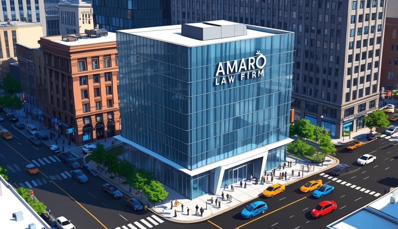 A sleek, modern office building with the Amaro Law Firm logo prominently displayed, surrounded by bustling city streets and traffic