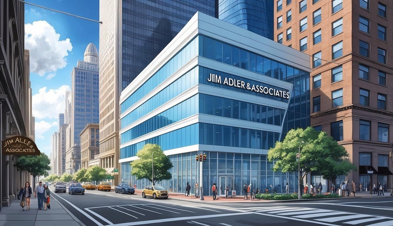 A bustling city street with a sleek, modern office building bearing the name "Jim Adler & Associates" prominently displayed