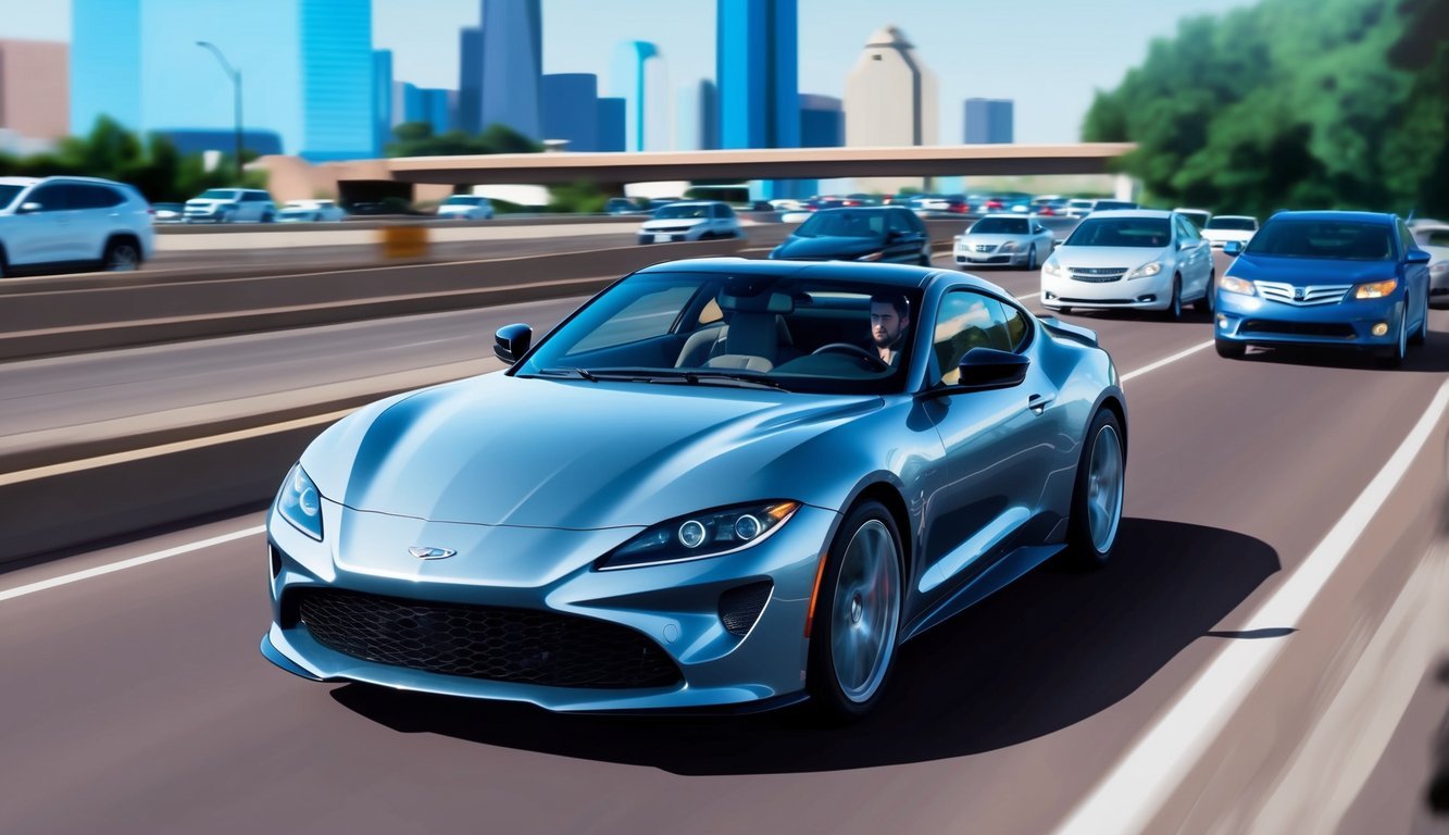 A sleek car speeding down a busy Dallas highway, surrounded by other vehicles