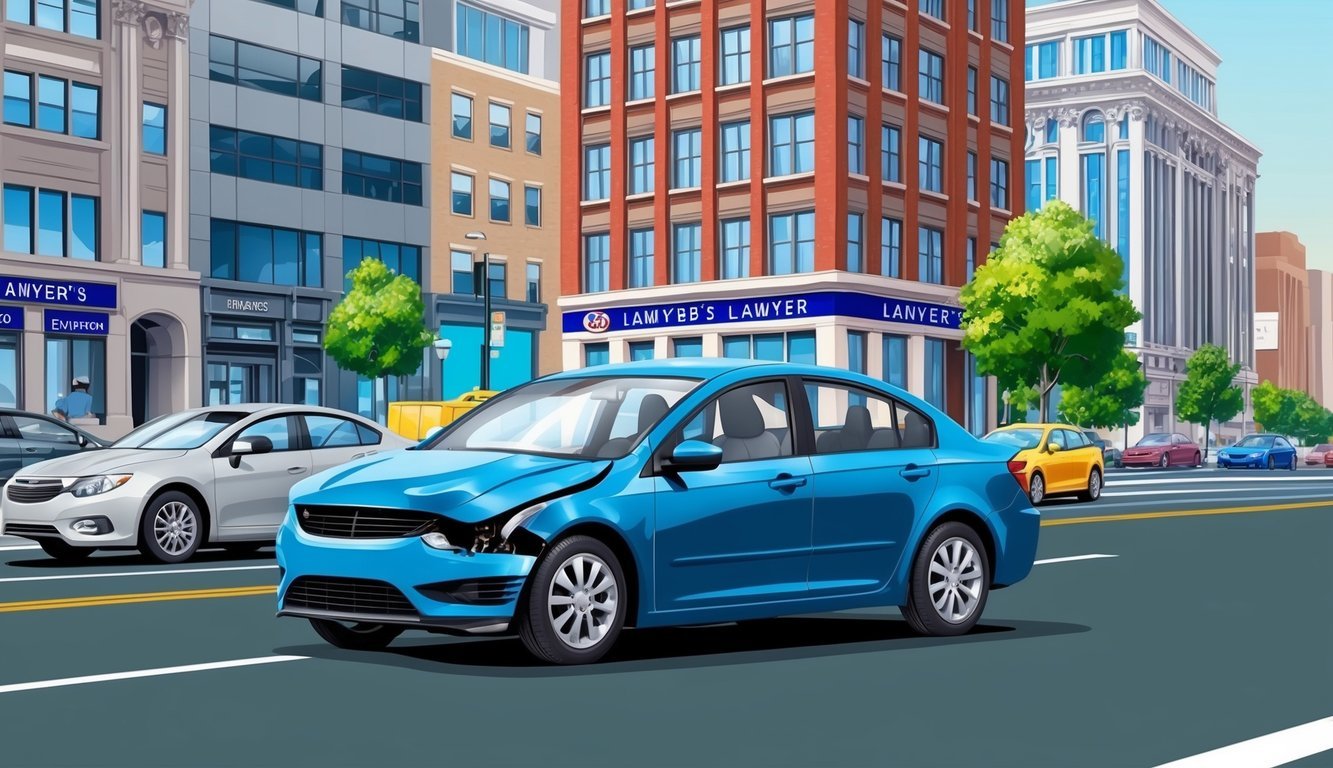 A busy city street with a damaged car and a lawyer's office building in the background