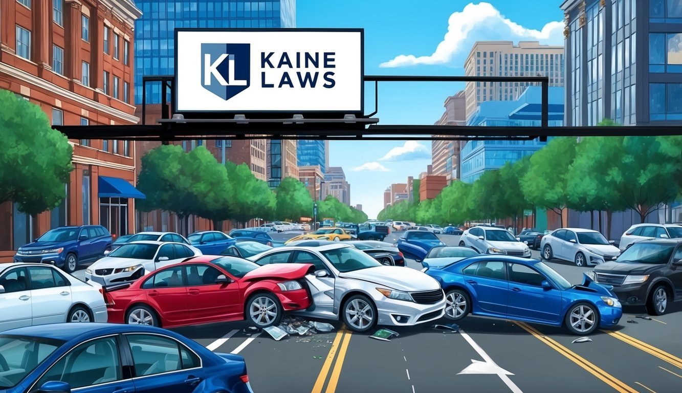 A bustling Atlanta street with cars colliding, while Kaine Law's logo prominently displayed on a billboard above the chaos