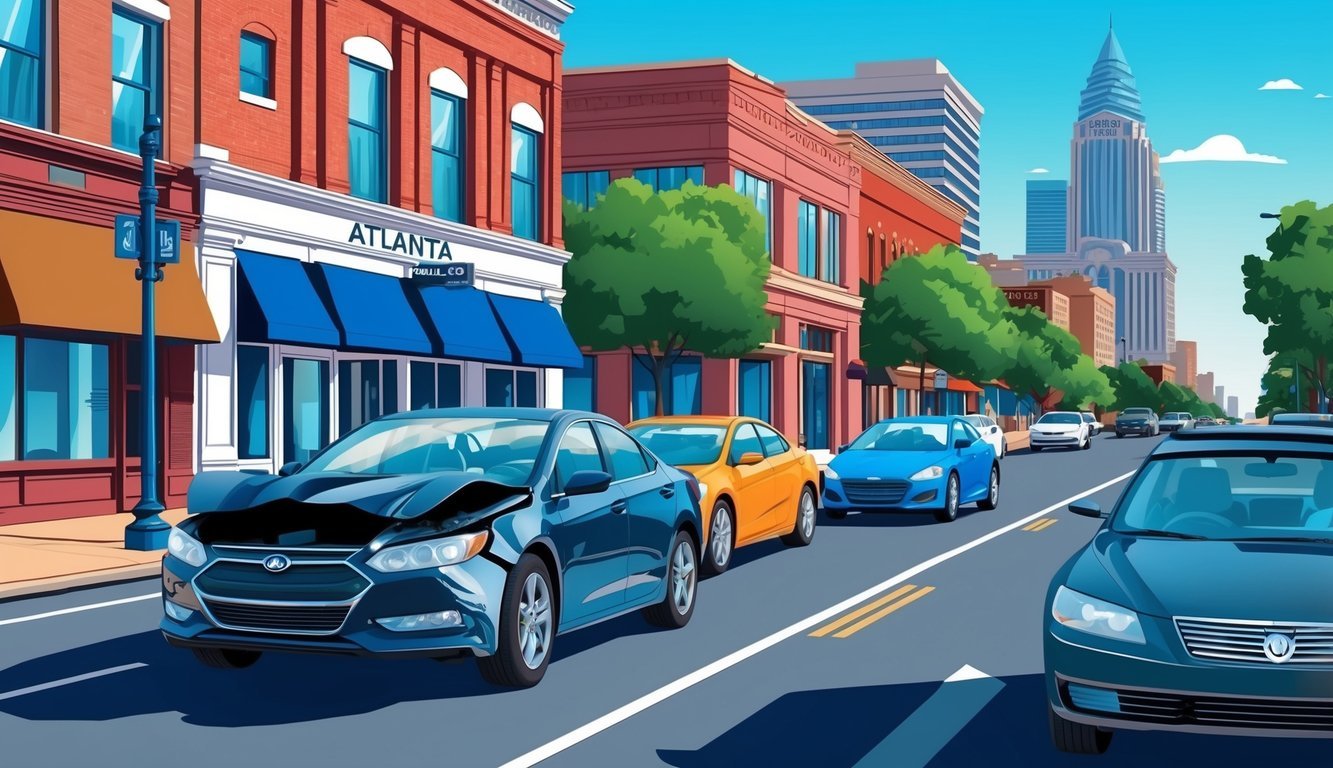 A busy Atlanta street with a damaged car and a lawyer's office in the background