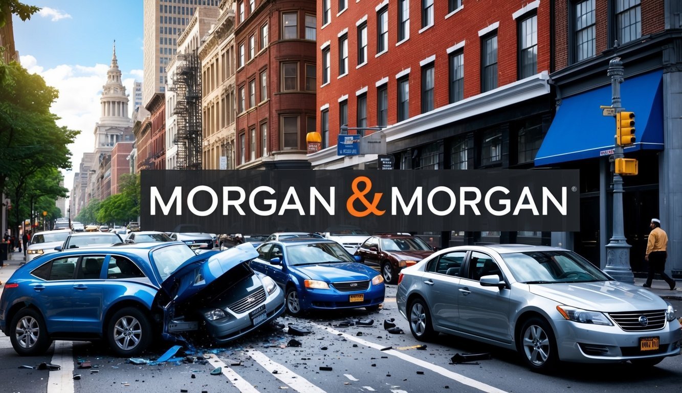 A busy Philadelphia street with cars colliding, and the Morgan & Morgan logo displayed prominently