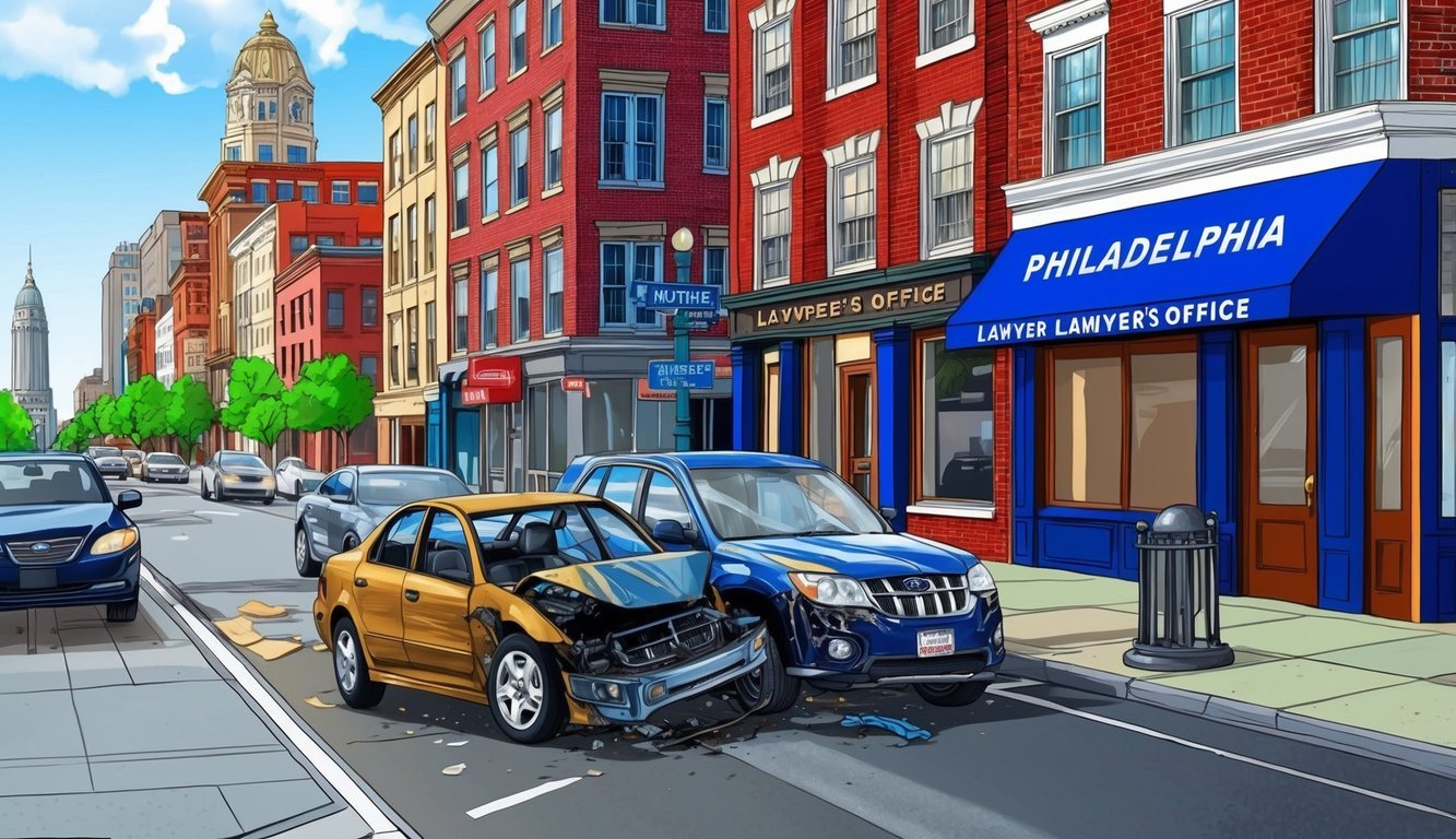 A busy Philadelphia street with a damaged car and a lawyer's office in the background